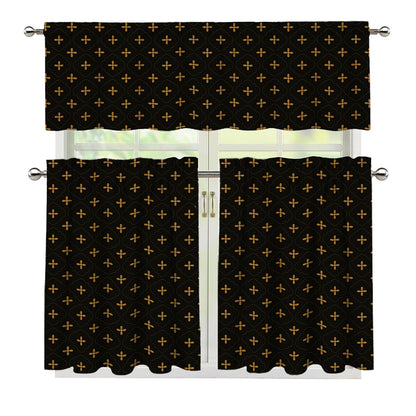 Black And Gold Orthodox Pattern Print 3 Piece Kitchen Curtains