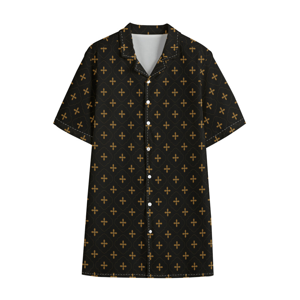 Black And Gold Orthodox Pattern Print Cotton Hawaiian Shirt