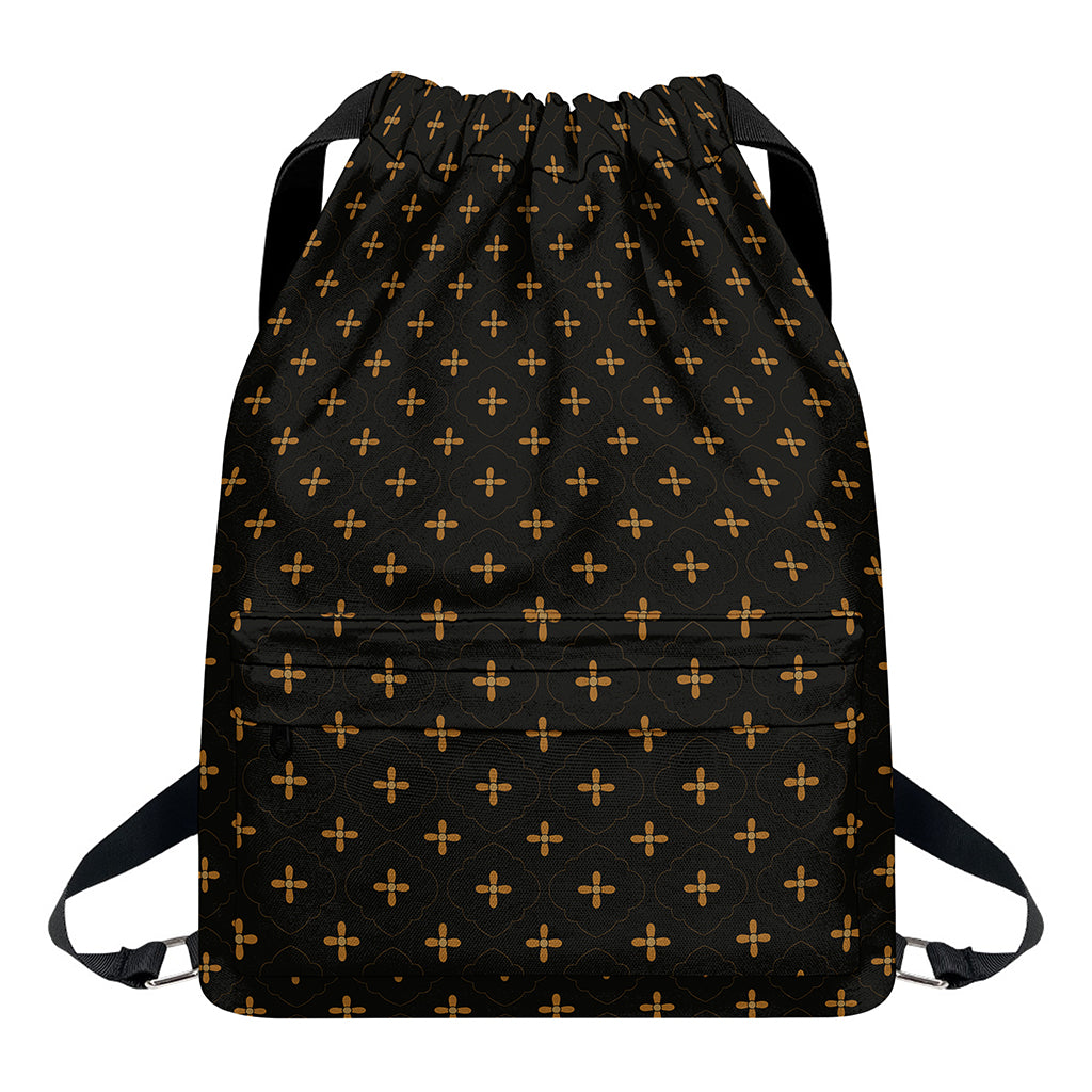 Black And Gold Orthodox Pattern Print Drawstring Backpack