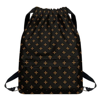 Black And Gold Orthodox Pattern Print Drawstring Backpack