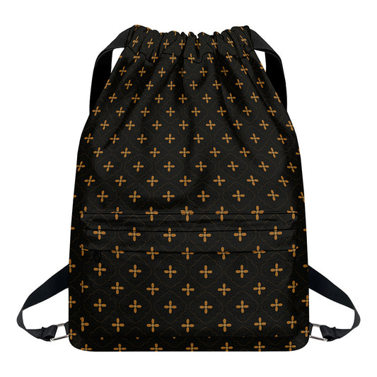 Black And Gold Orthodox Pattern Print Drawstring Backpack