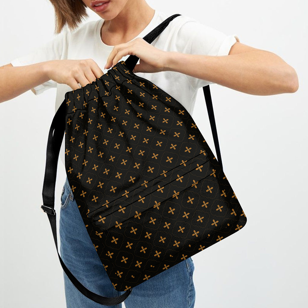 Black And Gold Orthodox Pattern Print Drawstring Backpack