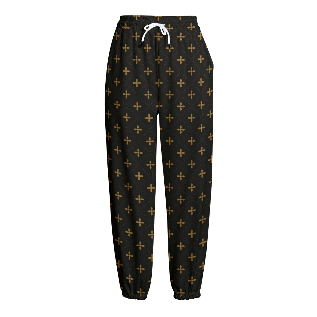 Black And Gold Orthodox Pattern Print Fleece Lined Knit Pants