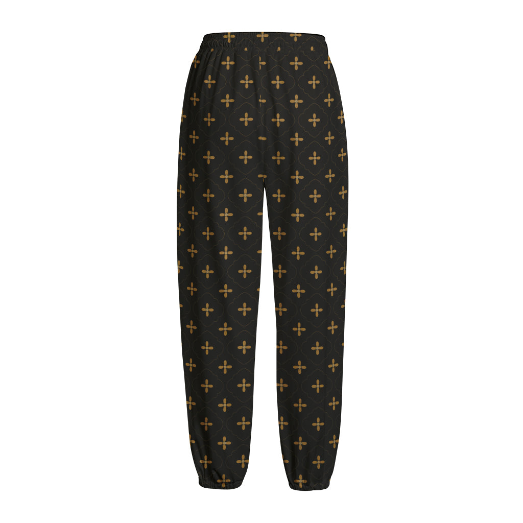 Black And Gold Orthodox Pattern Print Fleece Lined Knit Pants