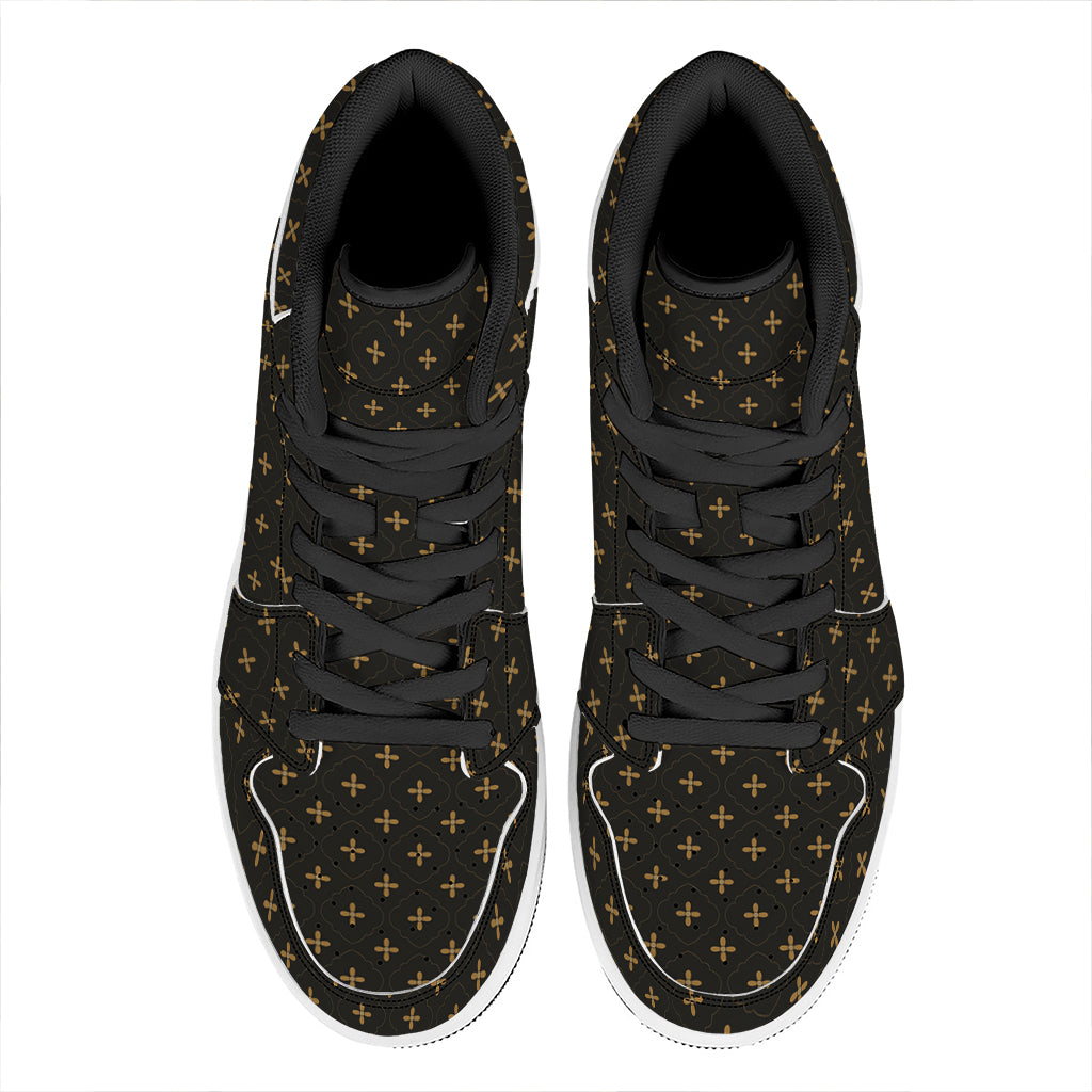 Black And Gold Orthodox Pattern Print High Top Leather Sneakers