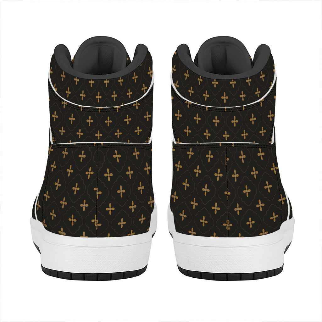 Black And Gold Orthodox Pattern Print High Top Leather Sneakers