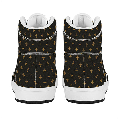 Black And Gold Orthodox Pattern Print High Top Leather Sneakers