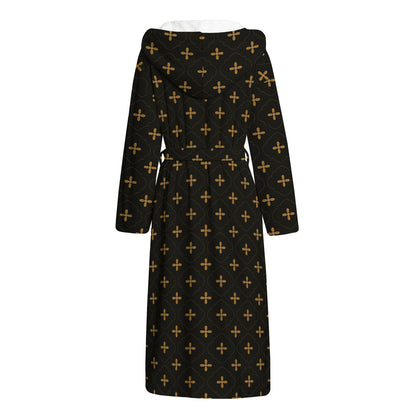 Black And Gold Orthodox Pattern Print Hooded Bathrobe