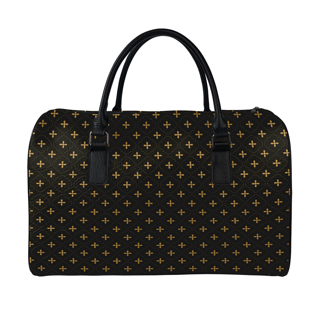 Black And Gold Orthodox Pattern Print Leather Duffle Bag