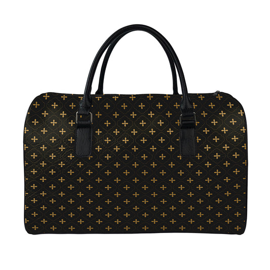 Black And Gold Orthodox Pattern Print Leather Duffle Bag