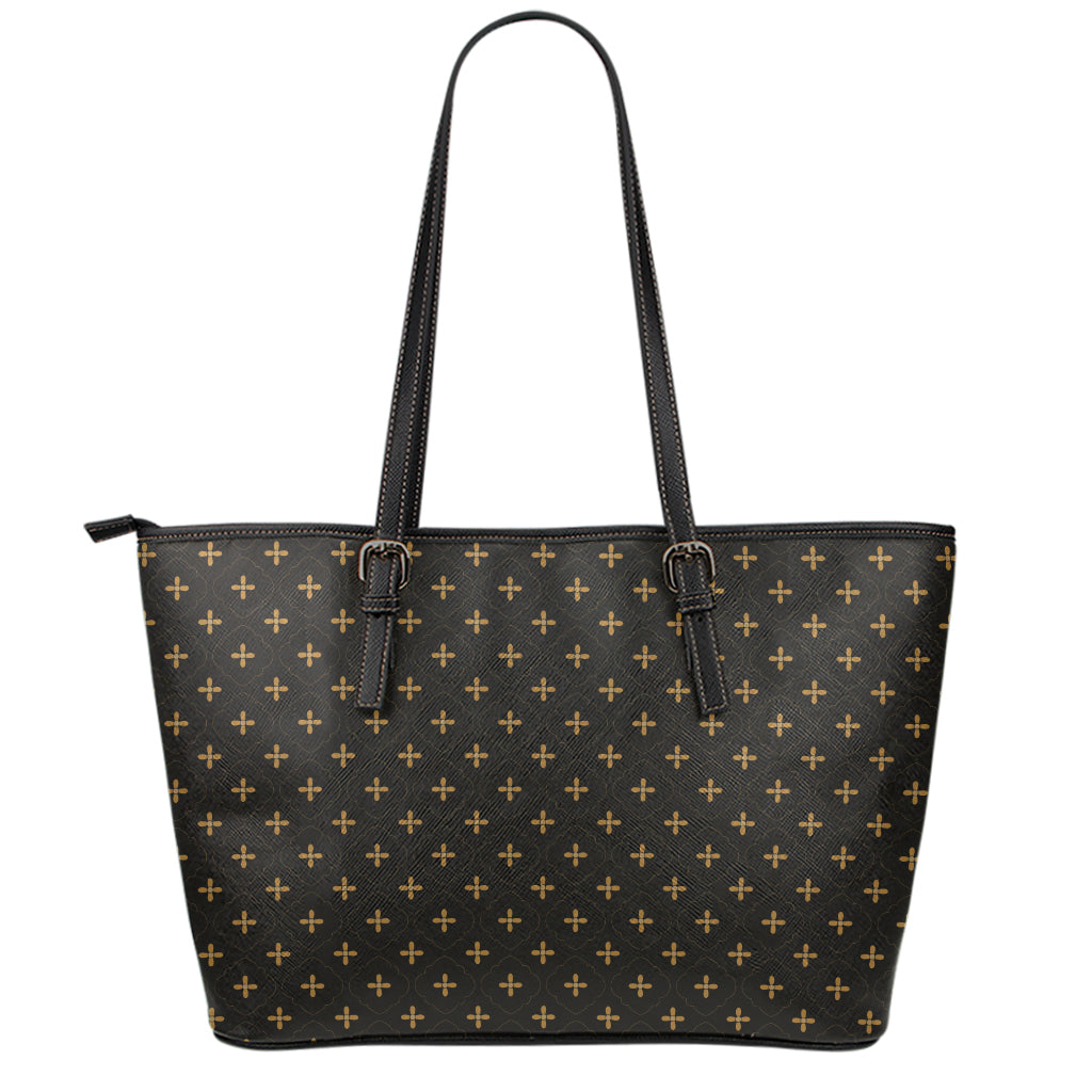 Black And Gold Orthodox Pattern Print Leather Tote Bag