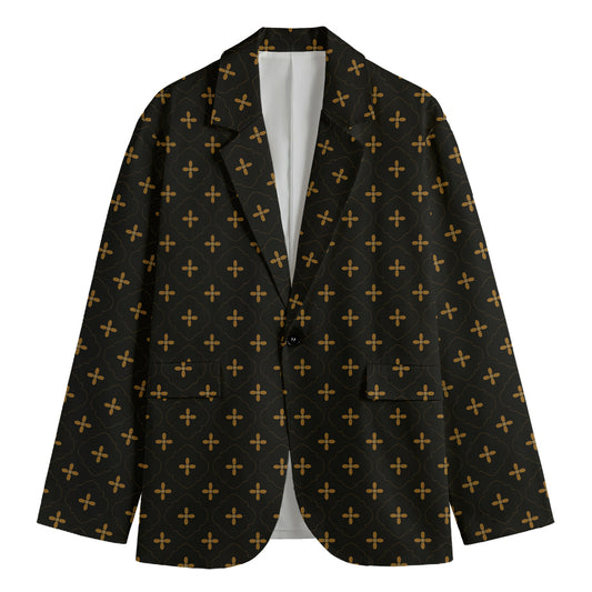 Black And Gold Orthodox Pattern Print Men's Blazer