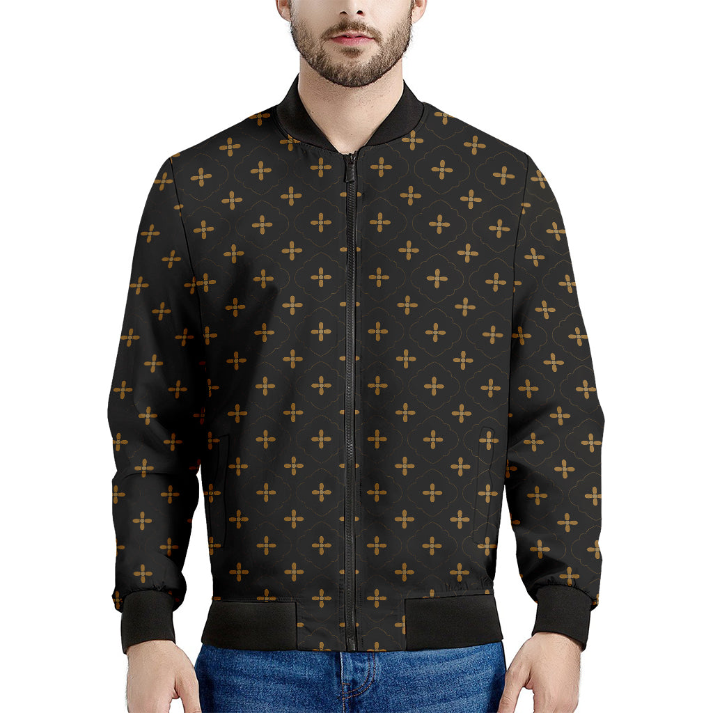 Black And Gold Orthodox Pattern Print Men's Bomber Jacket