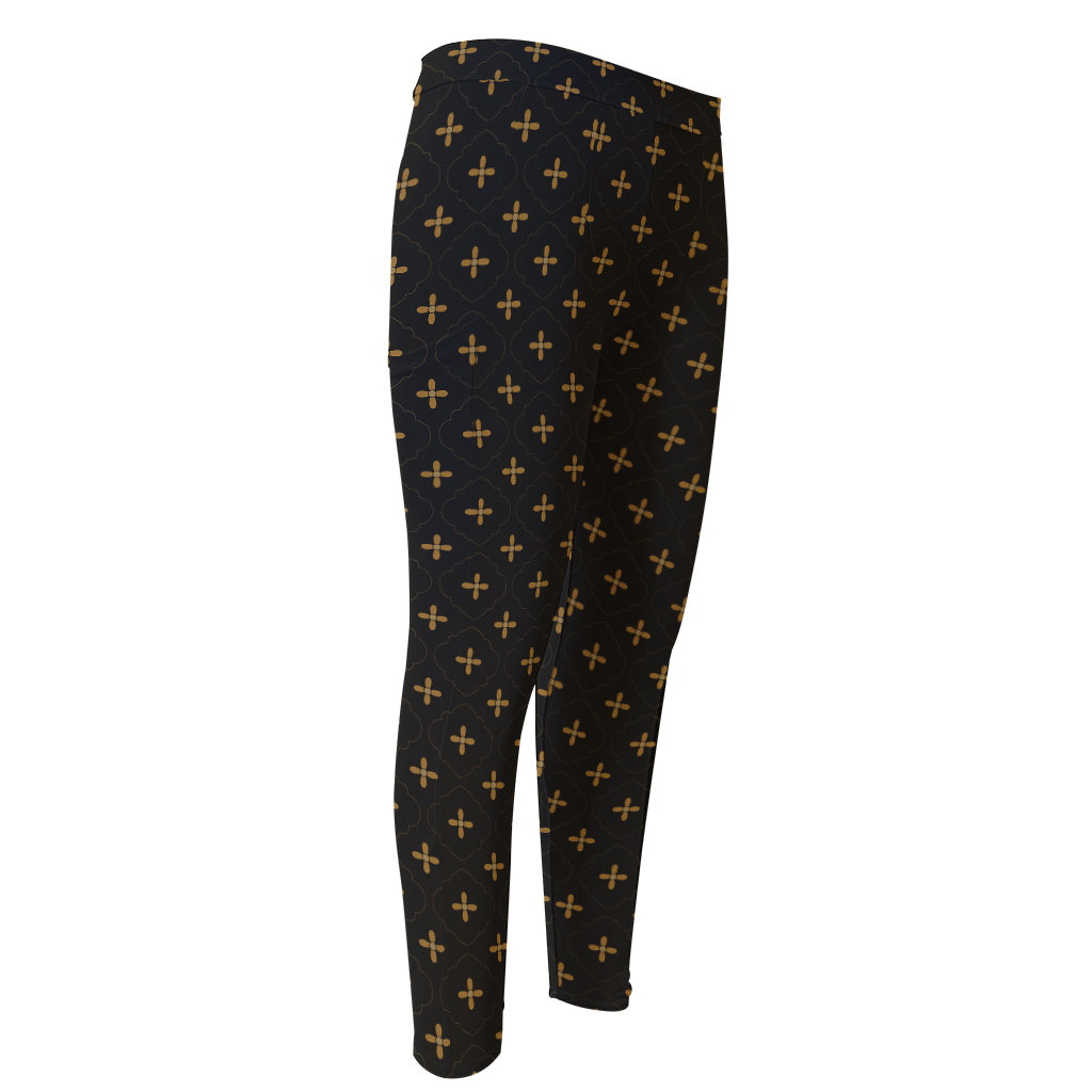 Black And Gold Orthodox Pattern Print Men's Compression Pants
