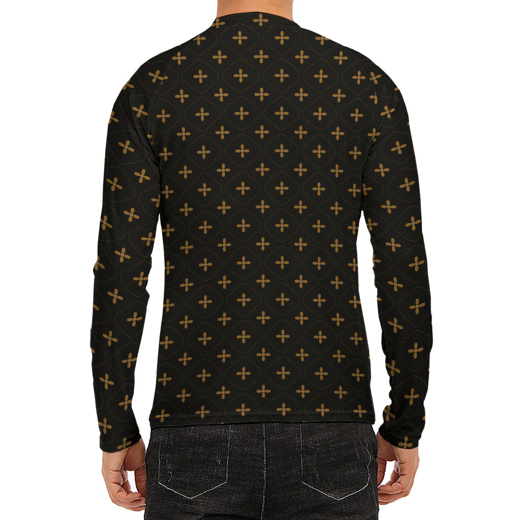 Black And Gold Orthodox Pattern Print Men's Long Sleeve Rash Guard