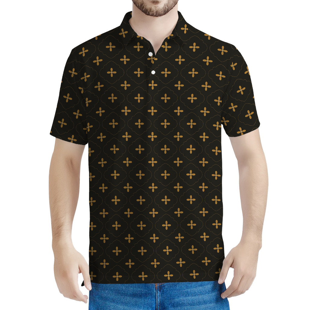 Black And Gold Orthodox Pattern Print Men's Polo Shirt