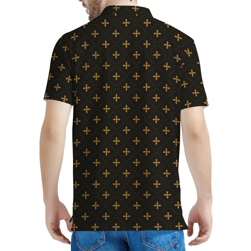 Black And Gold Orthodox Pattern Print Men's Polo Shirt