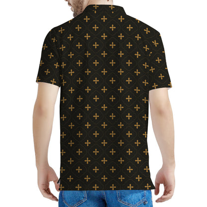 Black And Gold Orthodox Pattern Print Men's Polo Shirt