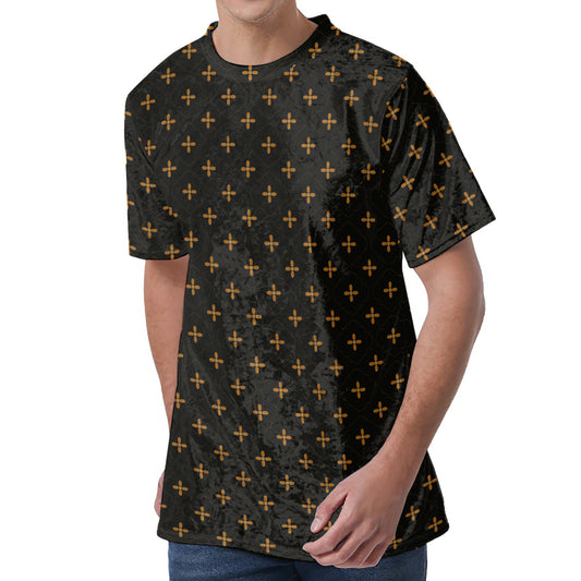 Black And Gold Orthodox Pattern Print Men's Velvet T-Shirt