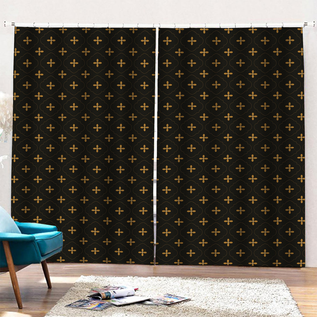 Black And Gold Orthodox Pattern Print Pencil Pleat Curtains