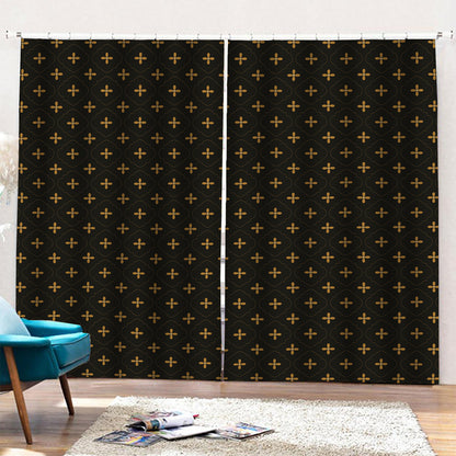 Black And Gold Orthodox Pattern Print Pencil Pleat Curtains
