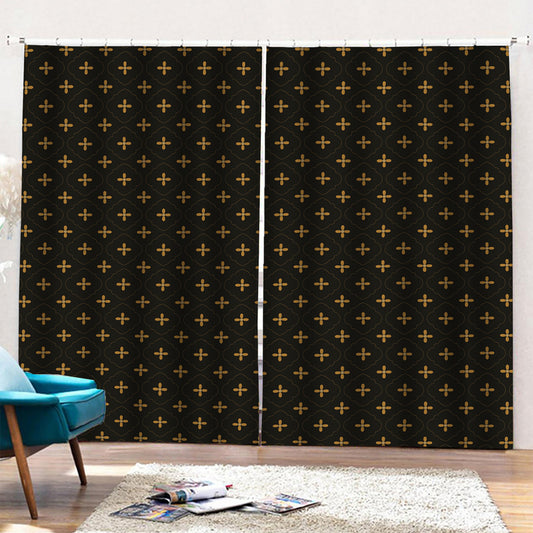 Black And Gold Orthodox Pattern Print Pencil Pleat Curtains
