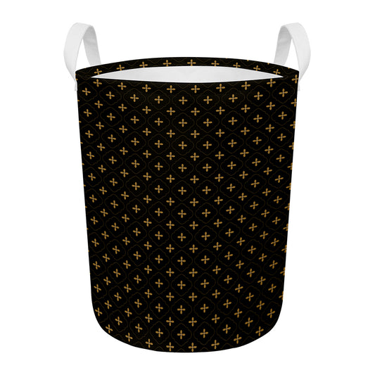 Black And Gold Orthodox Pattern Print Round Laundry Basket