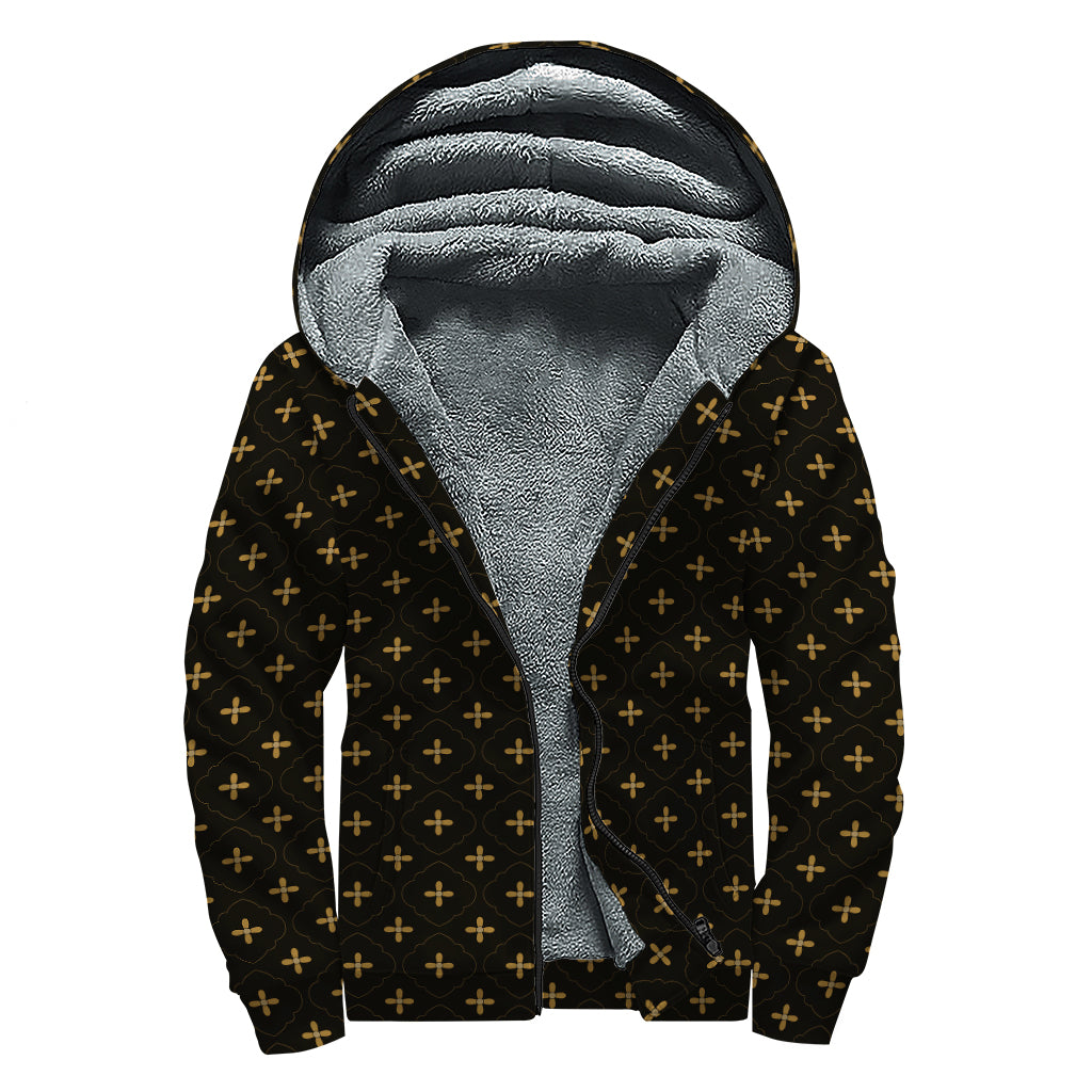 Black And Gold Orthodox Pattern Print Sherpa Lined Zip Up Hoodie