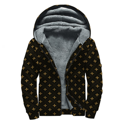 Black And Gold Orthodox Pattern Print Sherpa Lined Zip Up Hoodie