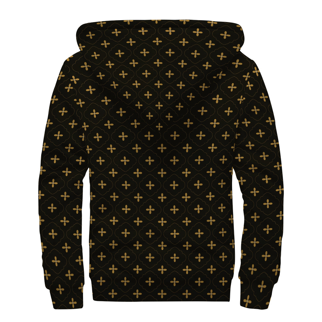 Black And Gold Orthodox Pattern Print Sherpa Lined Zip Up Hoodie