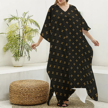 Black And Gold Orthodox Pattern Print Silk V-Neck Kaftan Dress