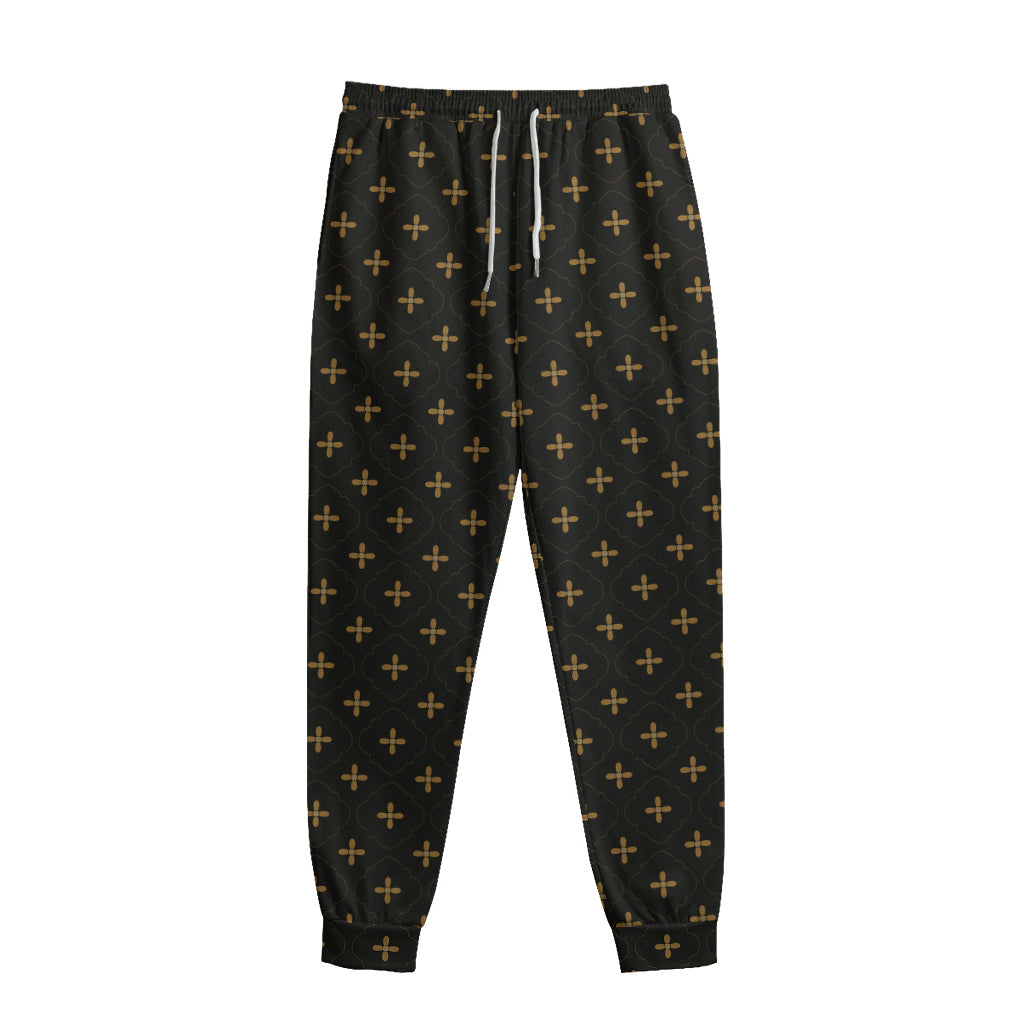 Black And Gold Orthodox Pattern Print Sweatpants
