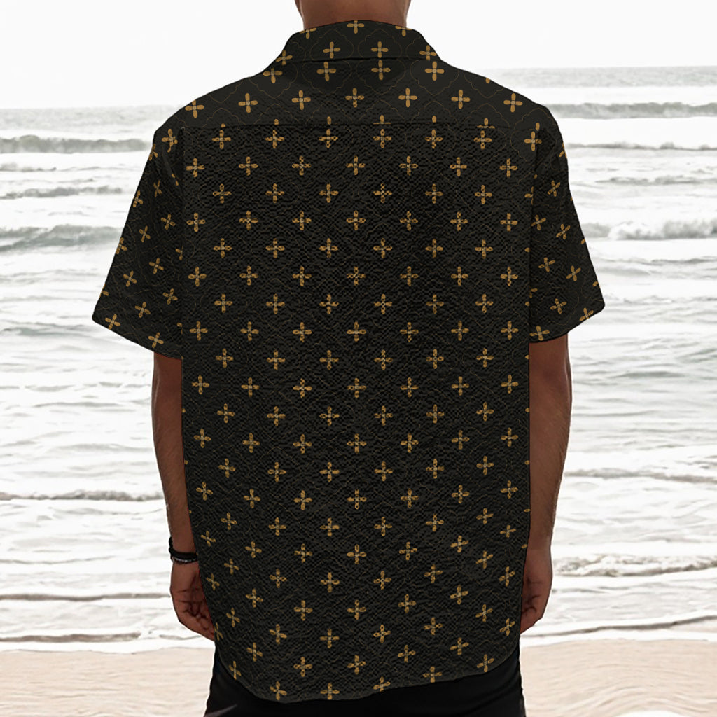 Black And Gold Orthodox Pattern Print Textured Short Sleeve Shirt