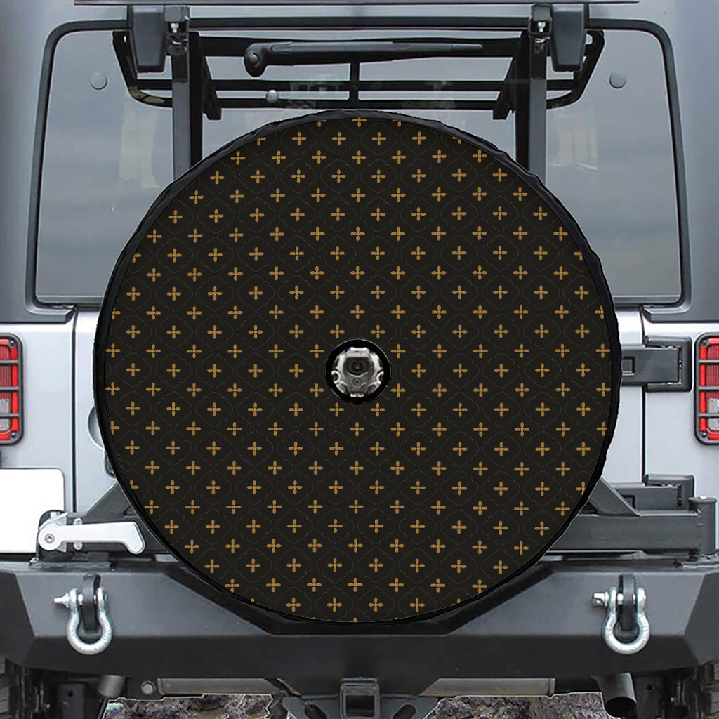 Black And Gold Orthodox Pattern Print Tire Cover With Camera Hole