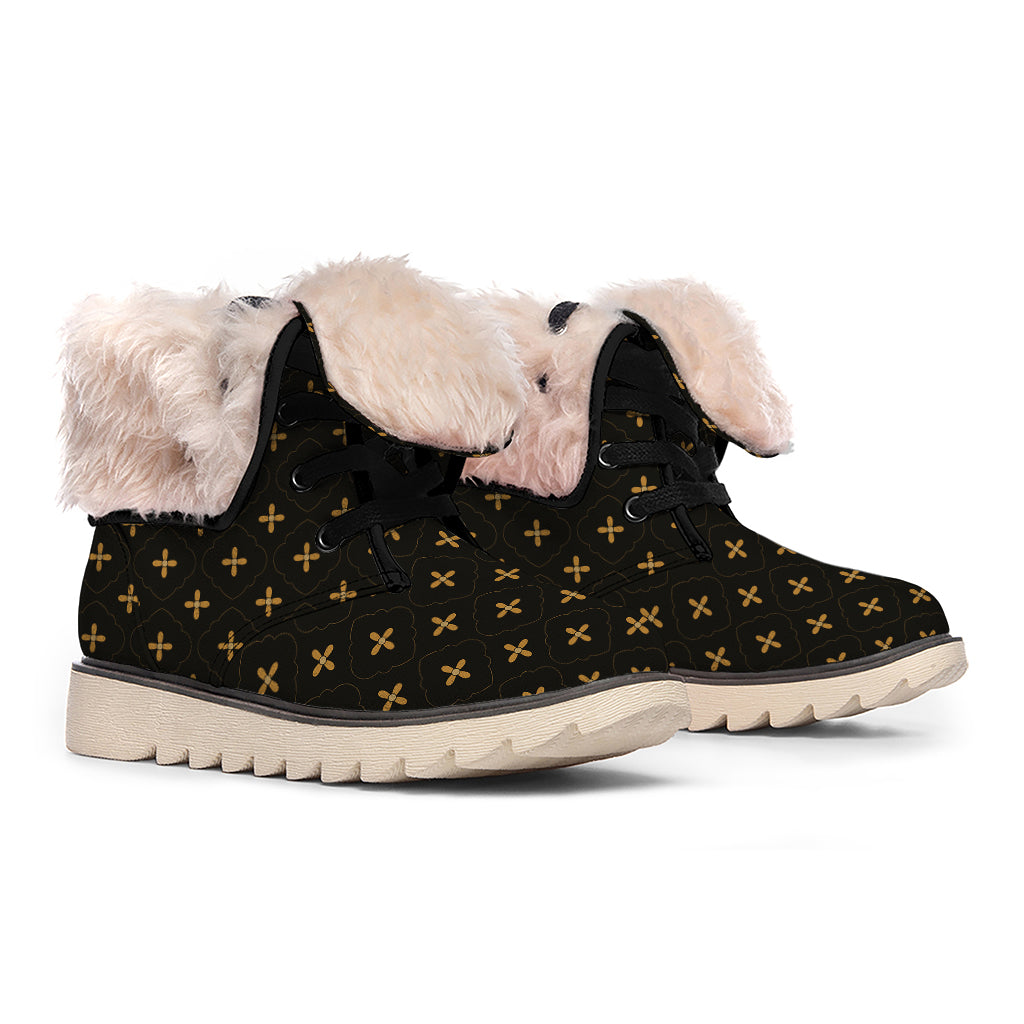 Black And Gold Orthodox Pattern Print Winter Boots