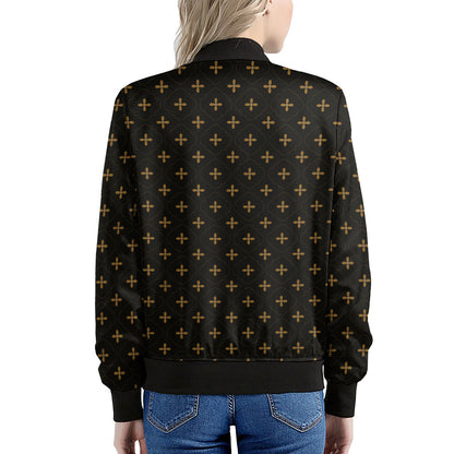 Black And Gold Orthodox Pattern Print Women's Bomber Jacket