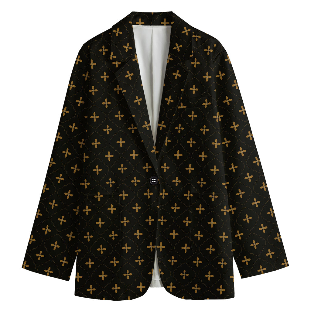 Black And Gold Orthodox Pattern Print Women's Cotton Blazer