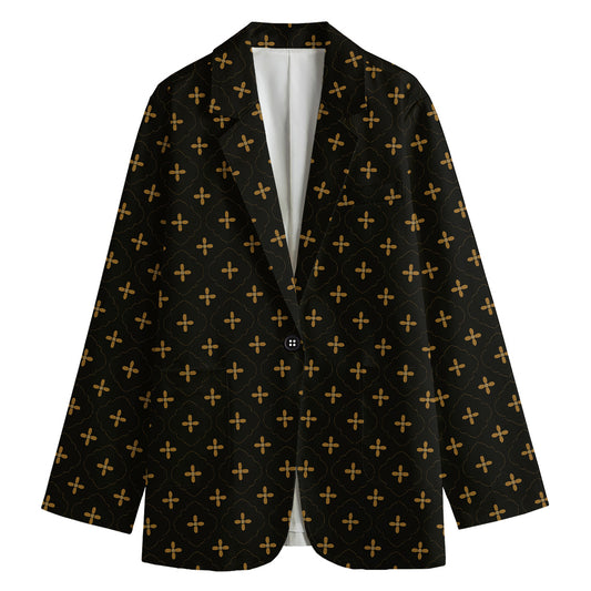 Black And Gold Orthodox Pattern Print Women's Cotton Blazer