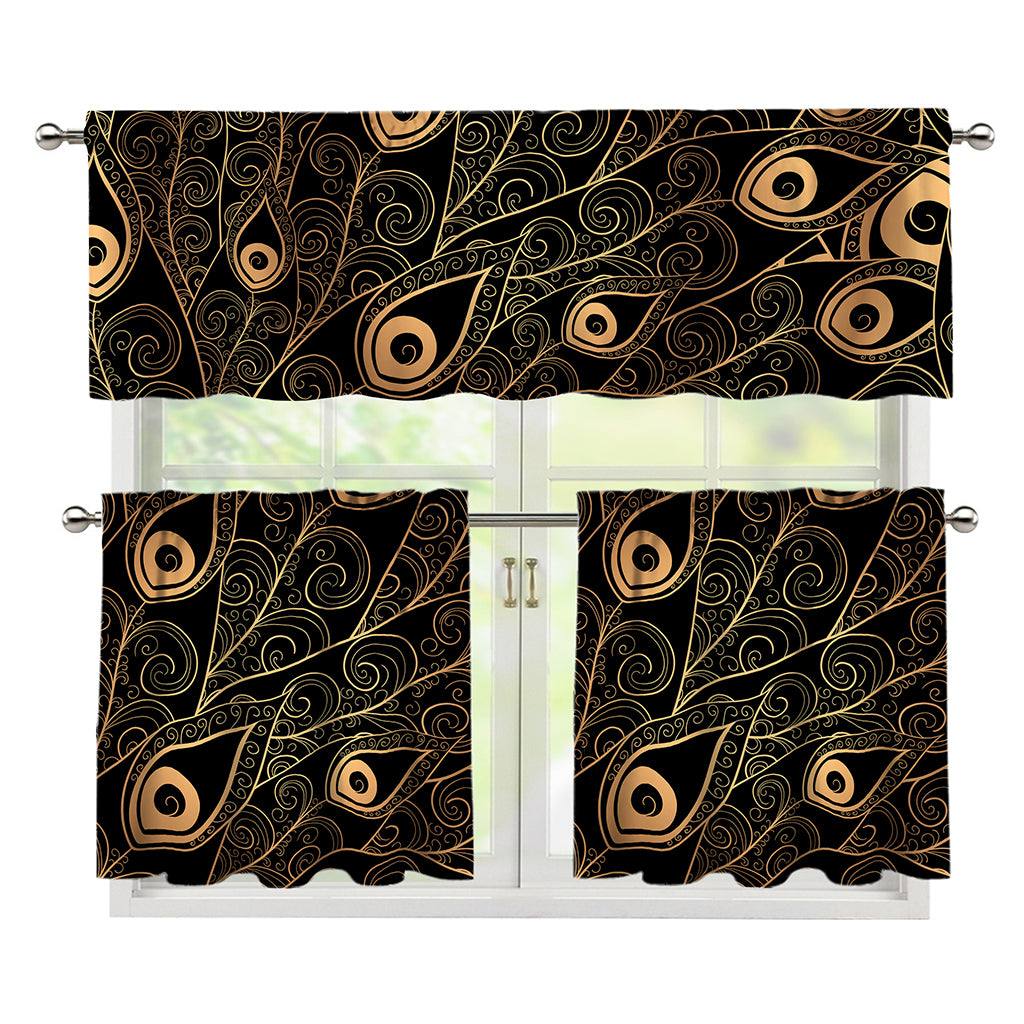 Black And Gold Peacock Feather Print 3 Piece Kitchen Curtains