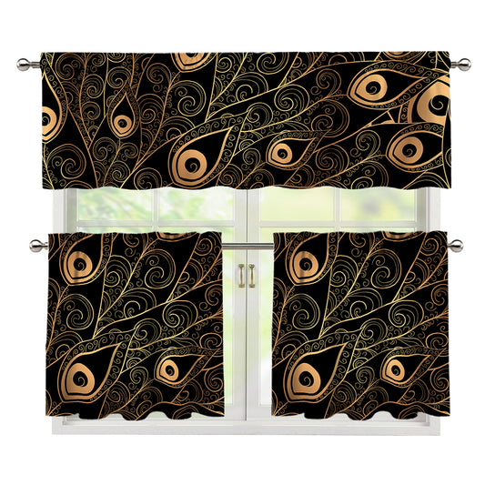 Black And Gold Peacock Feather Print 3 Piece Kitchen Curtains