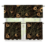 Black And Gold Peacock Feather Print 3 Piece Kitchen Curtains
