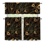Black And Gold Peacock Feather Print 3 Piece Kitchen Curtains