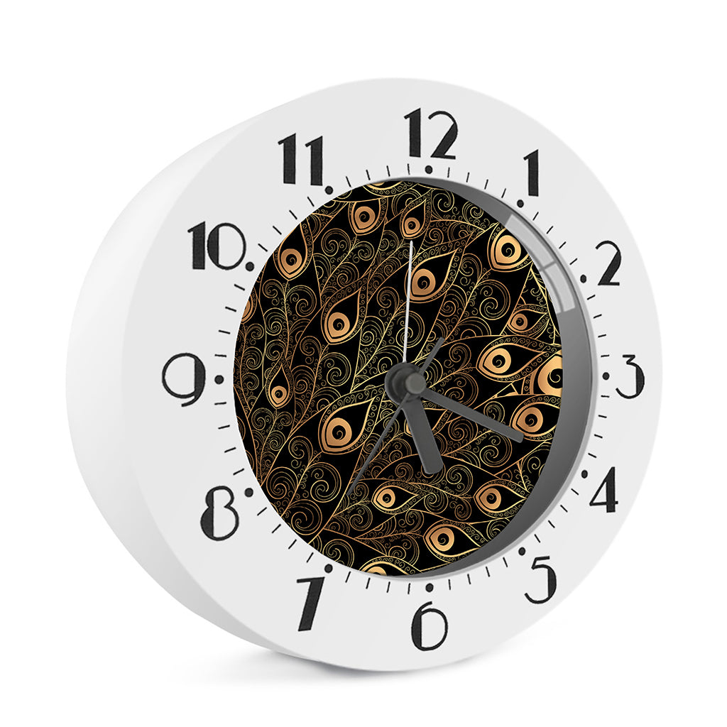 Black And Gold Peacock Feather Print Alarm Clock