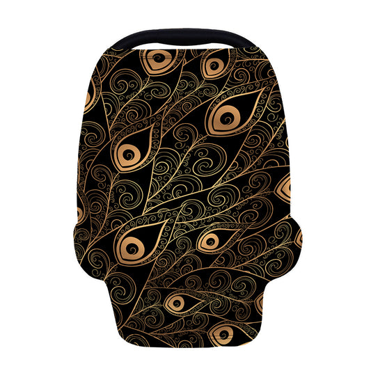 Black And Gold Peacock Feather Print Baby Seat Cover