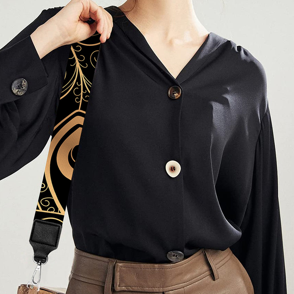 Black And Gold Peacock Feather Print Bag Strap