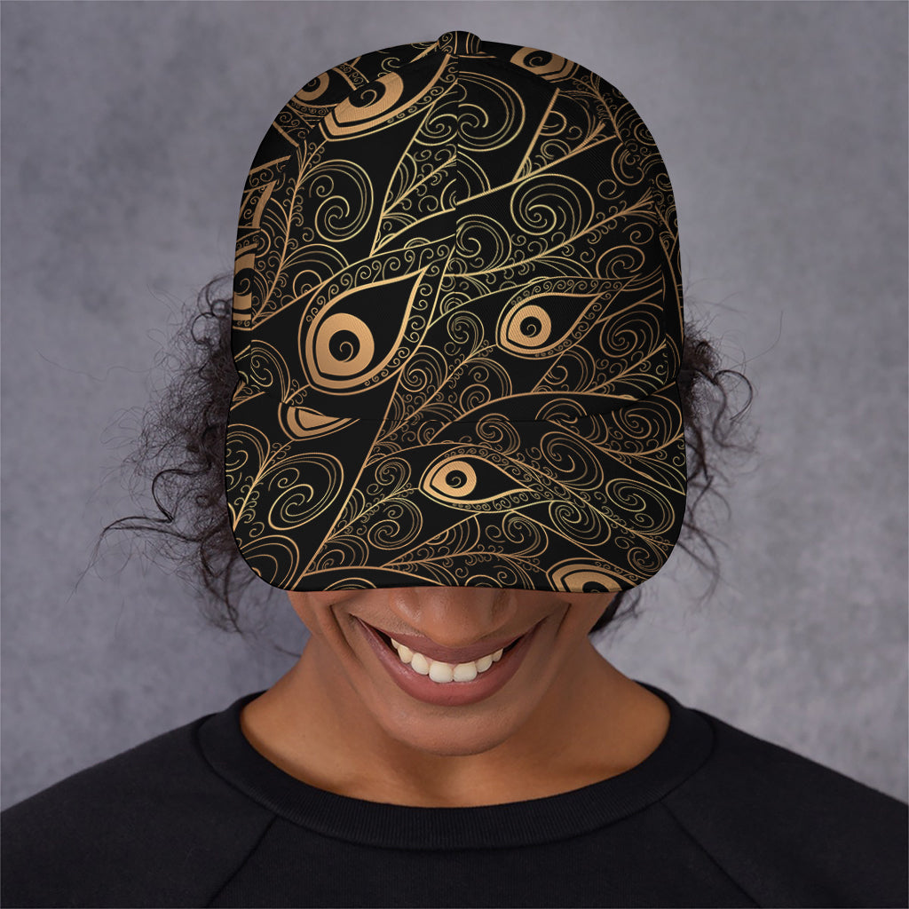 Black And Gold Peacock Feather Print Baseball Cap