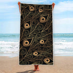 Black And Gold Peacock Feather Print Beach Towel