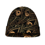 Black And Gold Peacock Feather Print Beanie