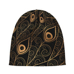 Black And Gold Peacock Feather Print Beanie
