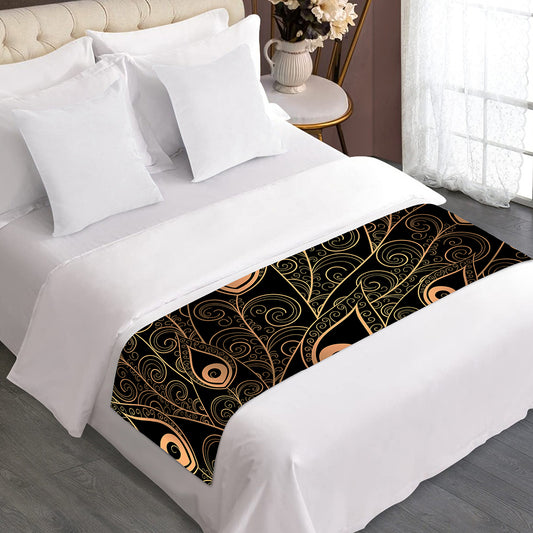 Black And Gold Peacock Feather Print Bed Runner